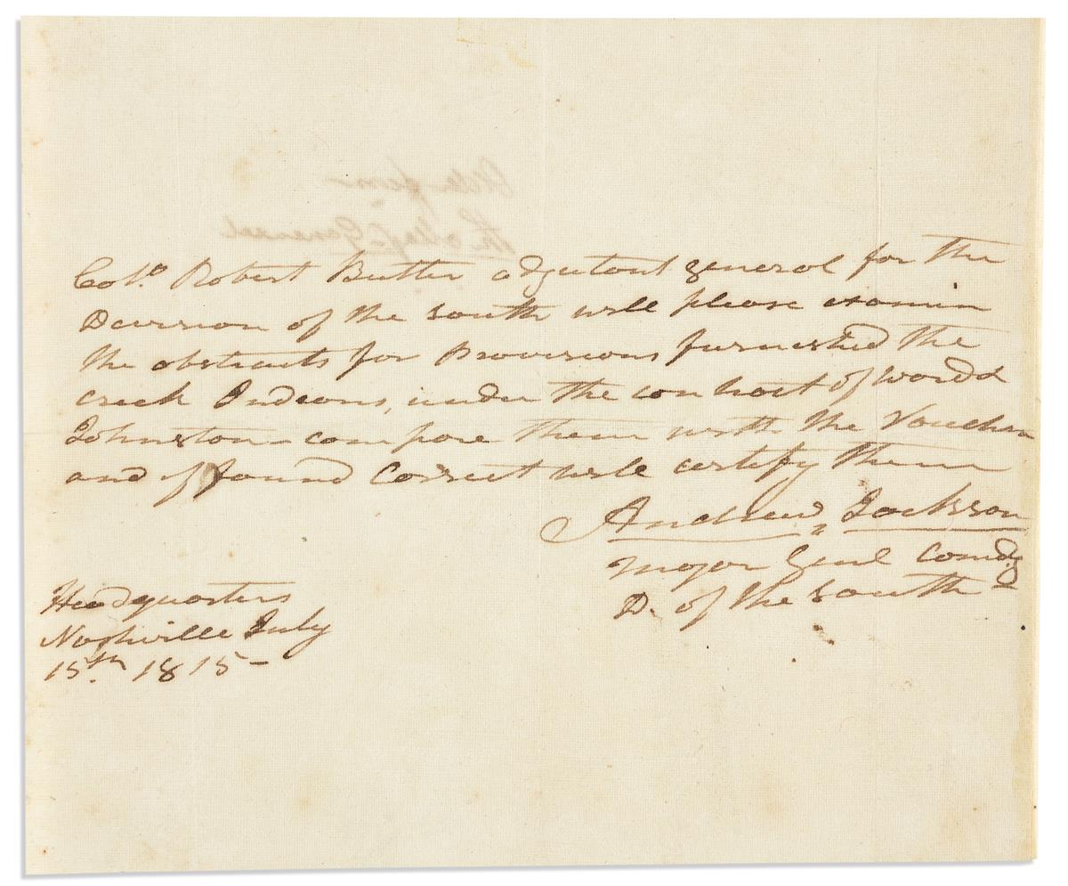 JACKSON, ANDREW. Brief Autograph Letter Signed, as Major General, to Colonel Robert Butler,